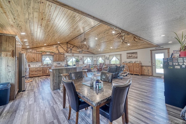 1625 Black Cloud Cir, Westcliffe, CO 81252 - dining area featuring wood finished floors, vaulted ceiling, a wainscoted wall, and wooden ceiling
