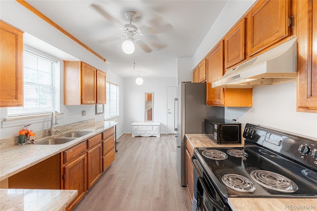 9563 Milwaukee Ct, Thornton, CO 80229 - kitchen with range with electric cooktop, under cabinet range hood, black microwave, light wood finished floors, and ceiling fan