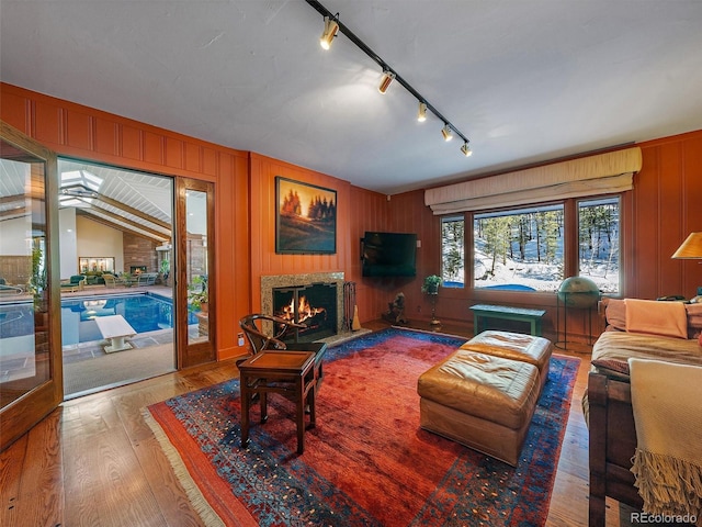 living room featuring hardwood / wood-style flooring, wood walls, and rail lighting