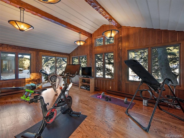 exercise room with lofted ceiling, plenty of natural light, wood walls, and hardwood / wood-style floors