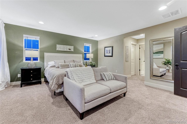 bedroom with carpet, visible vents, baseboards, and recessed lighting