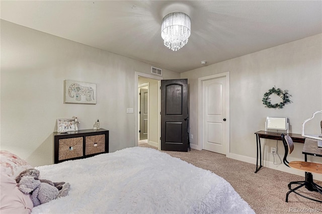 carpeted bedroom with a chandelier, visible vents, and baseboards