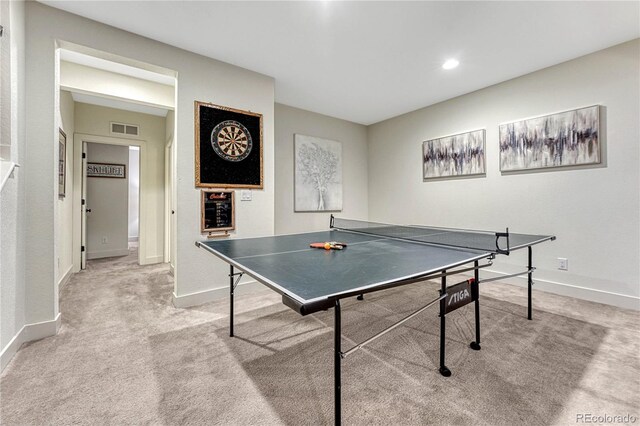 rec room with recessed lighting, carpet, visible vents, and baseboards