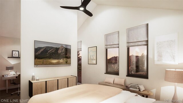 bedroom featuring ceiling fan and vaulted ceiling