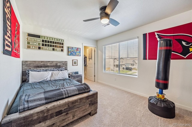 bedroom featuring carpet, visible vents, ceiling fan, and baseboards