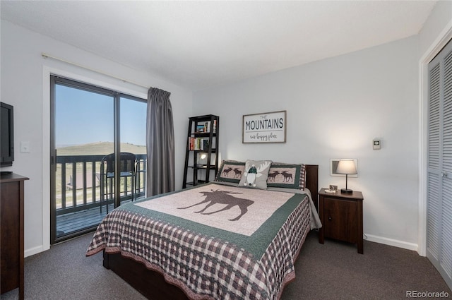 carpeted bedroom with a closet and access to exterior