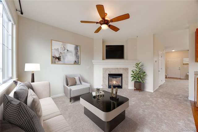 22813 E Briarwood Pl, Aurora, CO 80016 - living area with light carpet, ceiling fan, and a fireplace