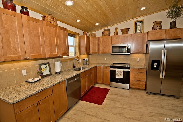 kitchen with appliances with stainless steel finishes, decorative backsplash, sink, and wood ceiling