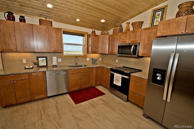 kitchen with sink, wooden ceiling, tasteful backsplash, and stainless steel appliances