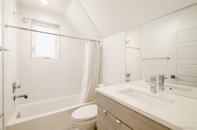 full bathroom with shower / bath combo, lofted ceiling, vanity, and toilet