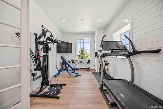 10757 Timberdash Ave, Highlands Ranch, CO 80126 - exercise room with wood finished floors, recessed lighting, and wood walls