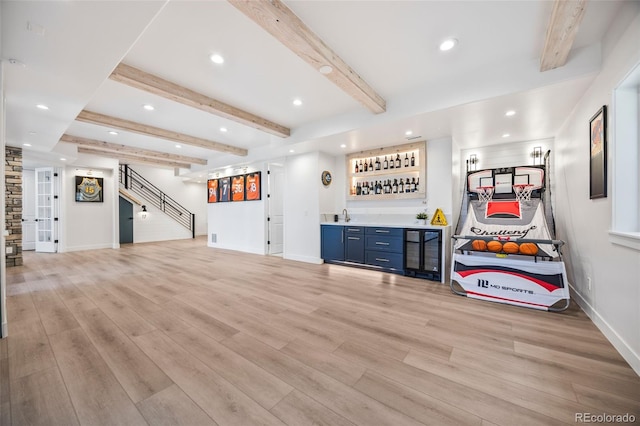 10757 Timberdash Ave, Highlands Ranch, CO 80126 - exercise area with wet bar, light wood-style flooring, and recessed lighting
