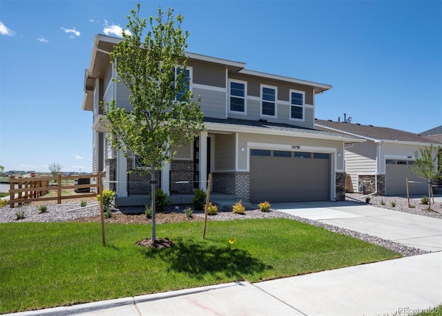 24790 E 39th Ave, Aurora, CO 80019 - view of front of home featuring an attached garage, concrete driveway, covered porch, and brick siding