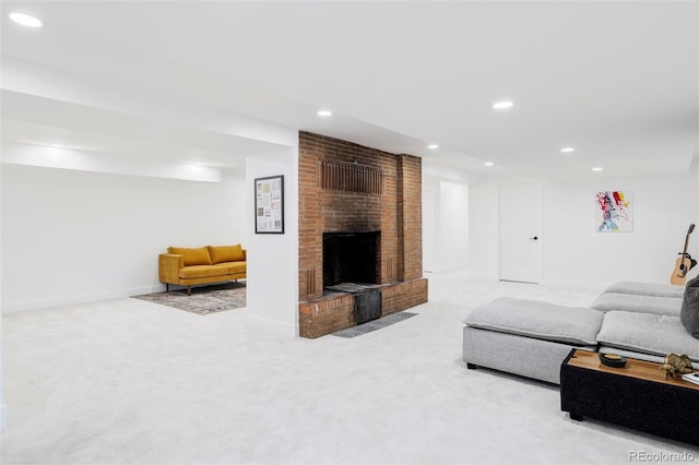 1330 Olive St, Denver, CO 80220 - carpeted living area with a brick fireplace, recessed lighting, and baseboards