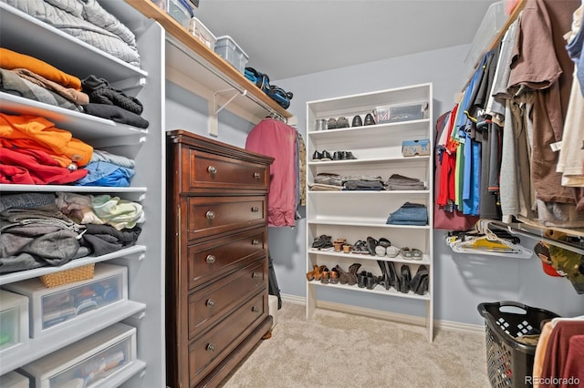 walk in closet with light carpet