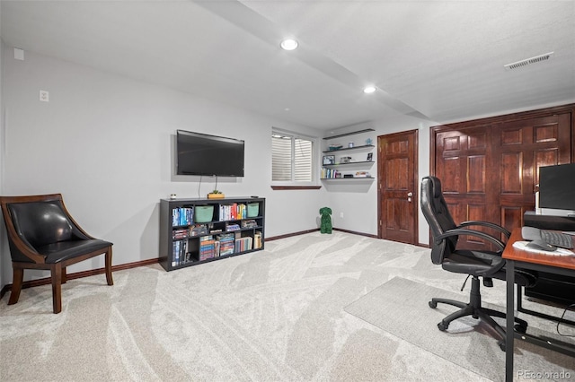 office space with light carpet, baseboards, visible vents, and recessed lighting