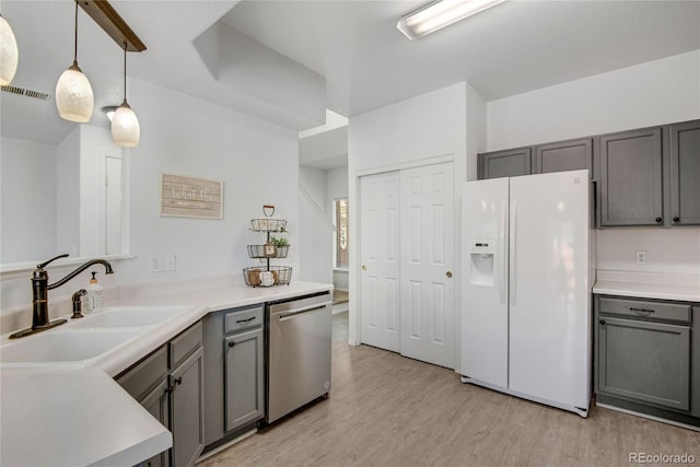 9080 Gale Blvd Unit 4, Thornton, CO 80260 - kitchen with white fridge with ice dispenser, dishwasher, a sink, gray cabinetry, and light wood-type flooring
