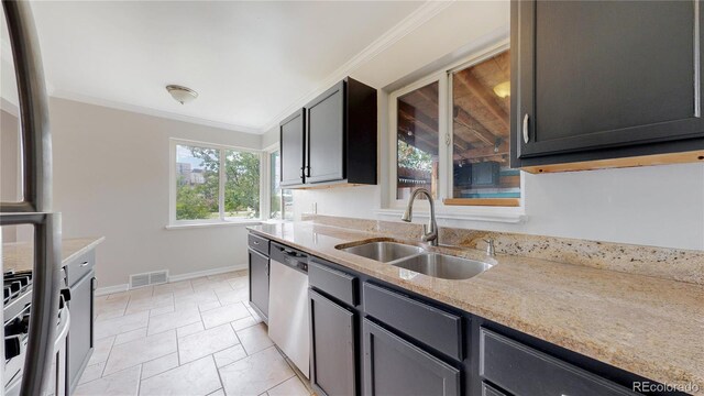 kitchen with light stone countertops, stainless steel dishwasher, visible vents, a sink, and crown molding