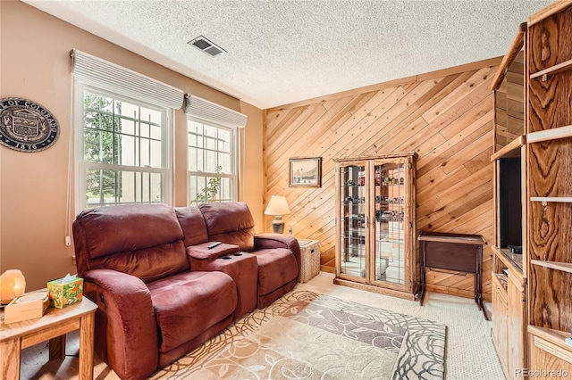 living room with wood walls and a textured ceiling