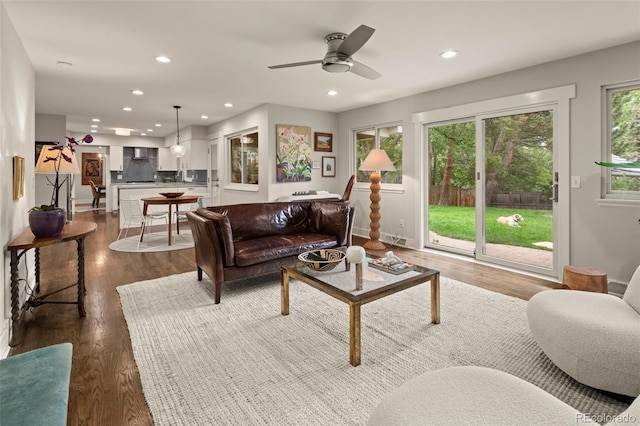 6128 S Coventry Ln E, Littleton, CO 80123 - living room featuring dark wood-type flooring, recessed lighting, baseboards, and a ceiling fan