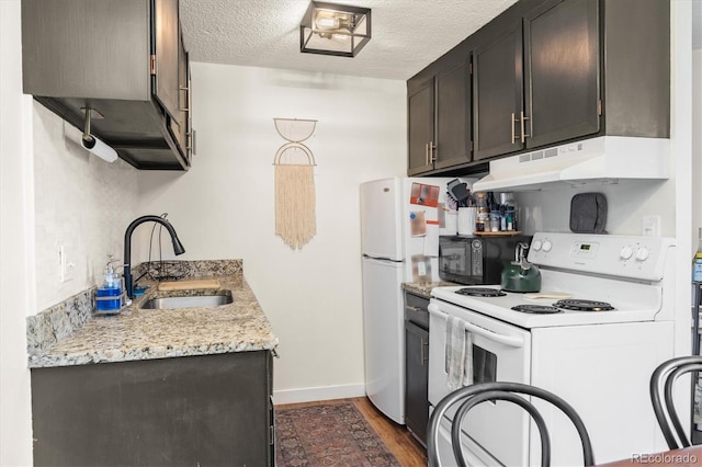 kitchen featuring a sink, white appliances, dark wood finished floors, baseboards, and under cabinet range hood