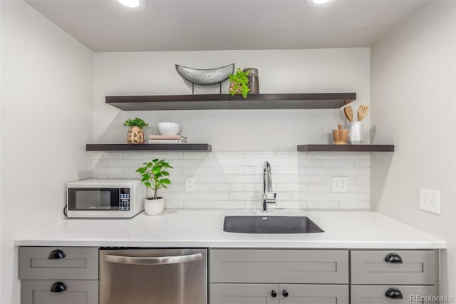 2845 Eaton St, Wheat Ridge, CO 80214 - kitchen featuring stainless steel dishwasher, open shelves, gray cabinetry, and recessed lighting