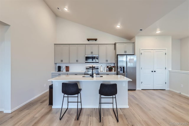 kitchen with decorative backsplash, gray cabinets, an island with sink, and appliances with stainless steel finishes