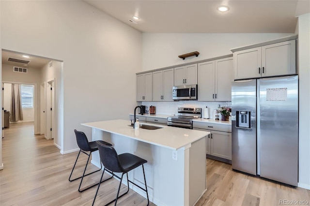kitchen featuring a sink, tasteful backsplash, gray cabinets, a breakfast bar area, and appliances with stainless steel finishes