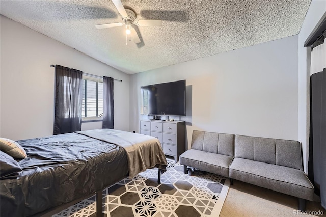 12425 Bellaire Dr, Thornton, CO 80241 - bedroom featuring a textured ceiling, vaulted ceiling, and ceiling fan