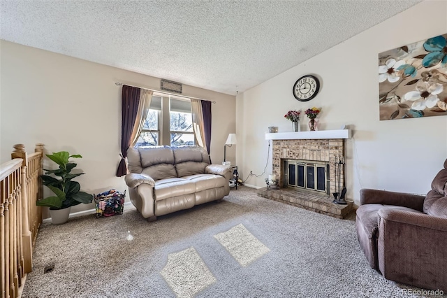 12425 Bellaire Dr, Thornton, CO 80241 - living area with a textured ceiling, carpet floors, and a brick fireplace