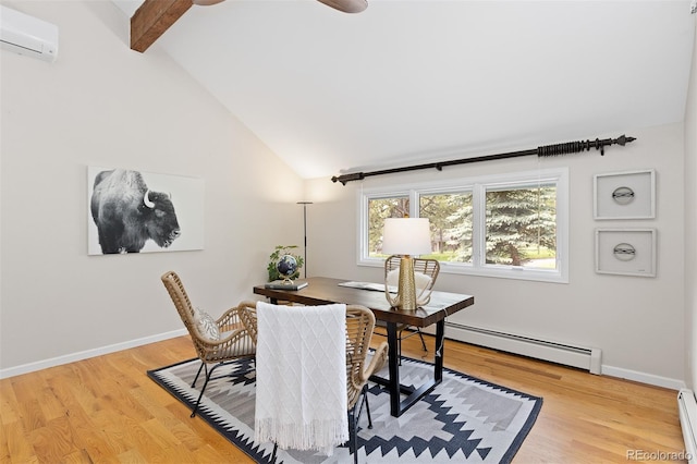1952 Columbine Ct, Golden, CO 80401 - home office with a wall mounted AC, a baseboard heating unit, light wood-type flooring, beam ceiling, and high vaulted ceiling