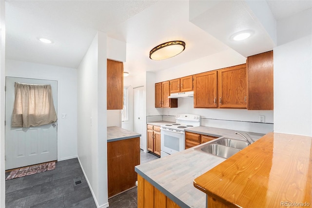 kitchen featuring white electric range oven, sink, and kitchen peninsula