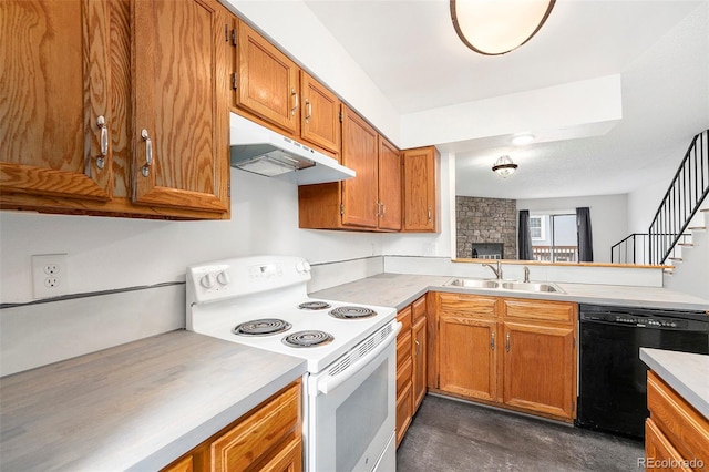 kitchen featuring white electric stove, a stone fireplace, sink, and dishwasher