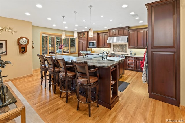 kitchen featuring appliances with stainless steel finishes, a sink, an island with sink, light wood-type flooring, and under cabinet range hood