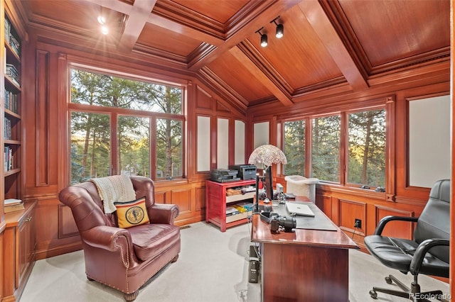 office area featuring ornamental molding, wooden ceiling, and coffered ceiling