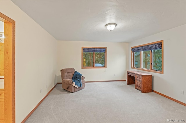 unfurnished room with baseboards and light colored carpet