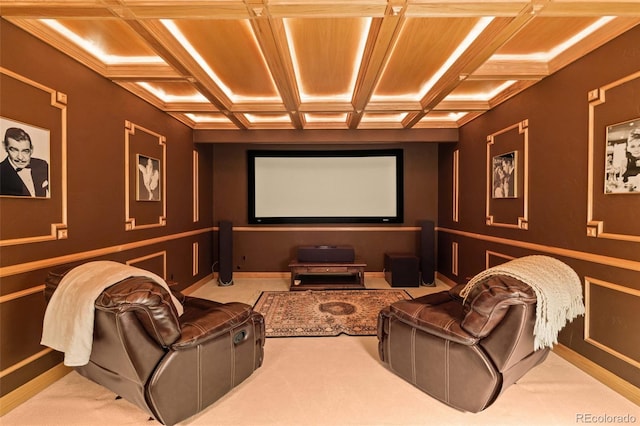 cinema room featuring beamed ceiling, coffered ceiling, and wood ceiling