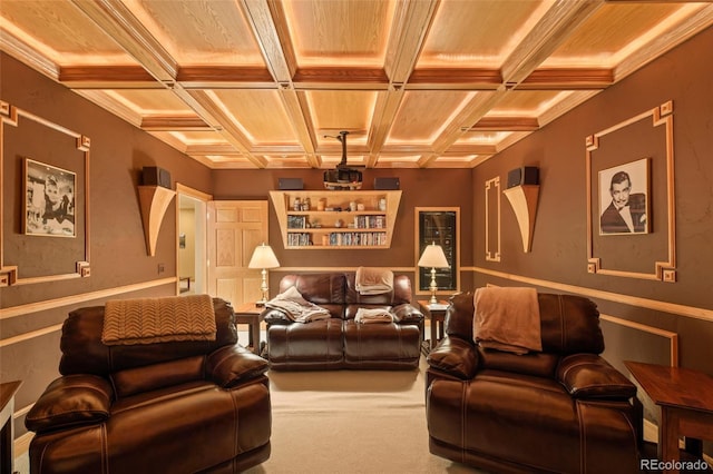 carpeted cinema with arched walkways, wooden ceiling, coffered ceiling, beam ceiling, and crown molding