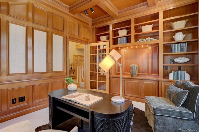 2828 Keystone Dr, Evergreen, CO 80439 - sitting room with crown molding, built in shelves, coffered ceiling, carpet, and wood ceiling with exposed beams
