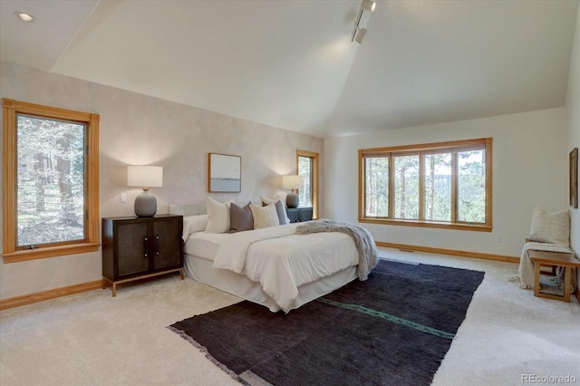 2828 Keystone Dr, Evergreen, CO 80439 - carpeted bedroom with lofted ceiling, baseboards, and rail lighting