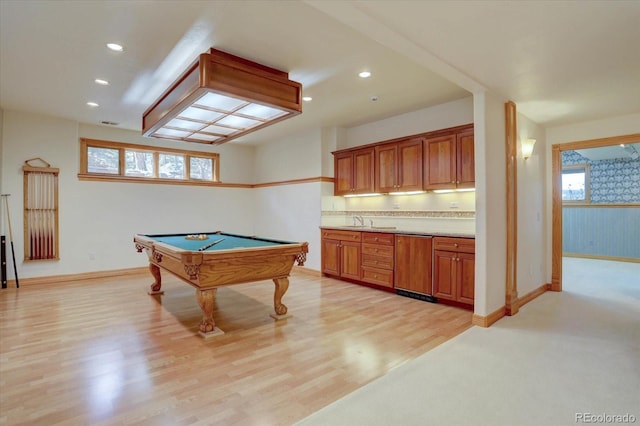 2828 Keystone Dr, Evergreen, CO 80439 - game room with a sink, light wood-style flooring, billiards table, baseboards, and recessed lighting