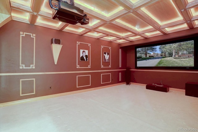 2828 Keystone Dr, Evergreen, CO 80439 - carpeted home theater with coffered ceiling and beam ceiling