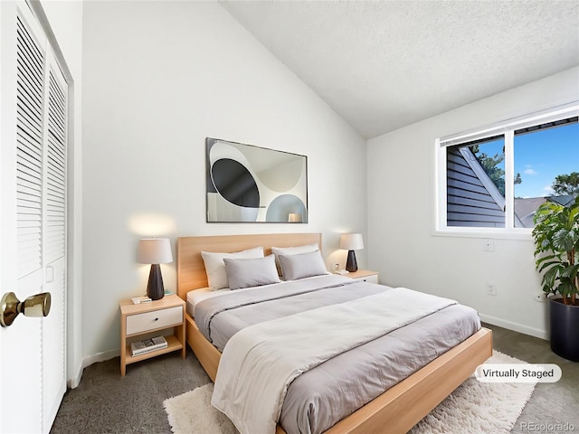 1925 28th Ave Unit 34, Greeley, CO 80634 - bedroom featuring carpet, lofted ceiling, a closet, and a textured ceiling