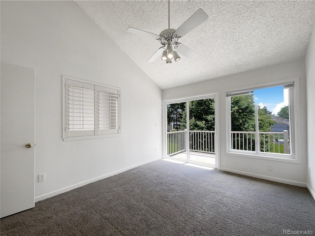 1925 28th Ave Unit 34, Greeley, CO 80634 - empty room featuring a textured ceiling, carpet floors, a ceiling fan, and high vaulted ceiling