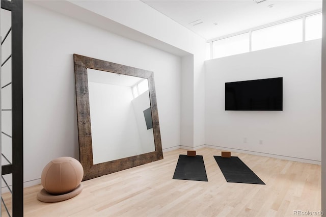 workout room with hardwood / wood-style flooring