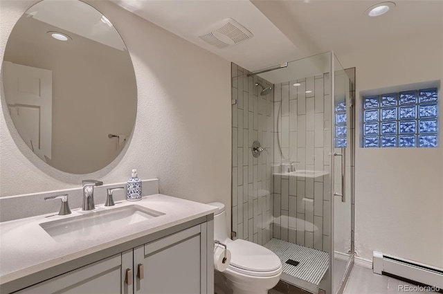 full bath with visible vents, toilet, a baseboard radiator, vanity, and a shower stall