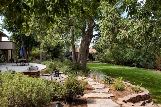 view of yard with a fire pit and a patio