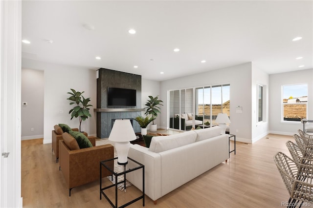 living room with plenty of natural light, a large fireplace, and light wood-type flooring