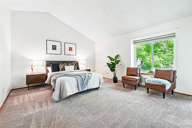 carpeted bedroom featuring vaulted ceiling, baseboards, and a textured ceiling