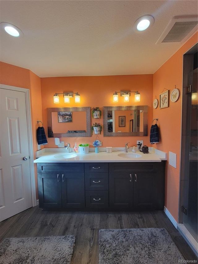 bathroom with vanity and hardwood / wood-style floors